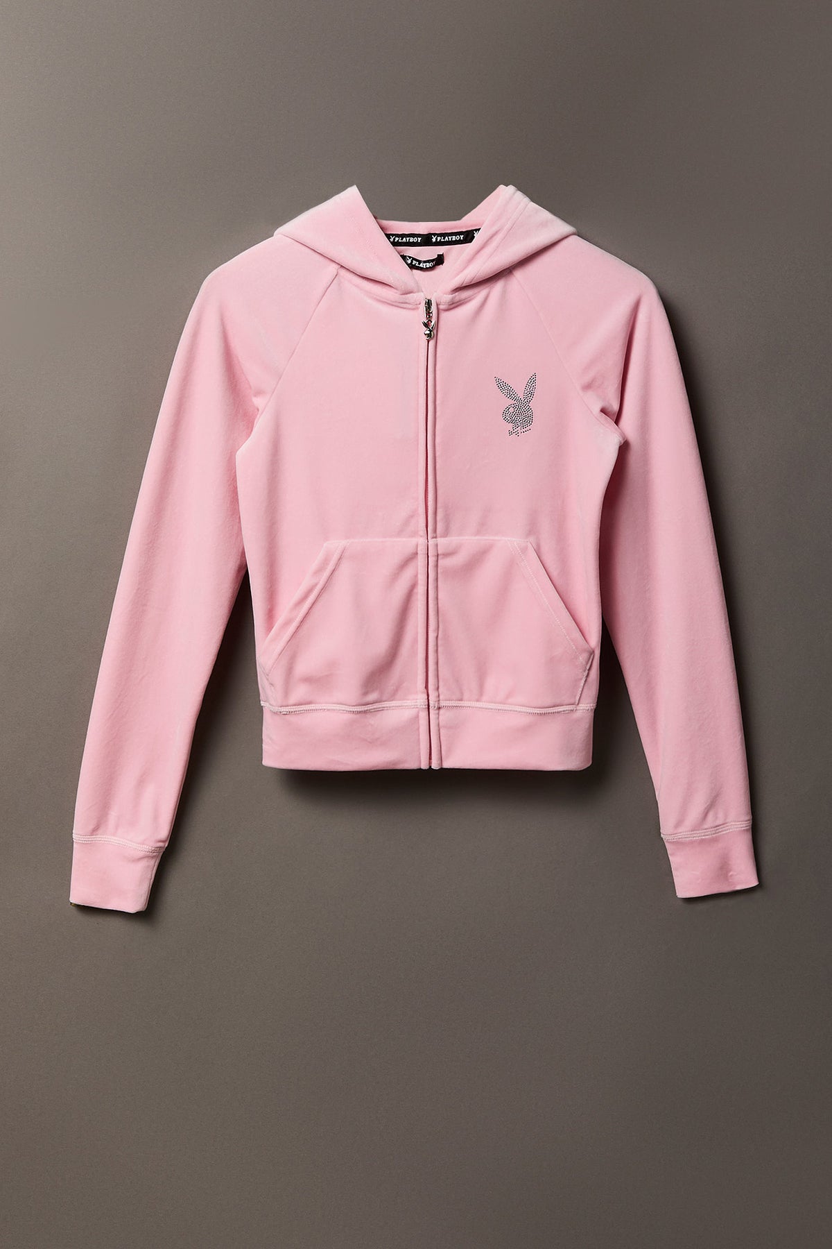 Playboy Velour Rhinestone Zip Hoodie - Light Pink
