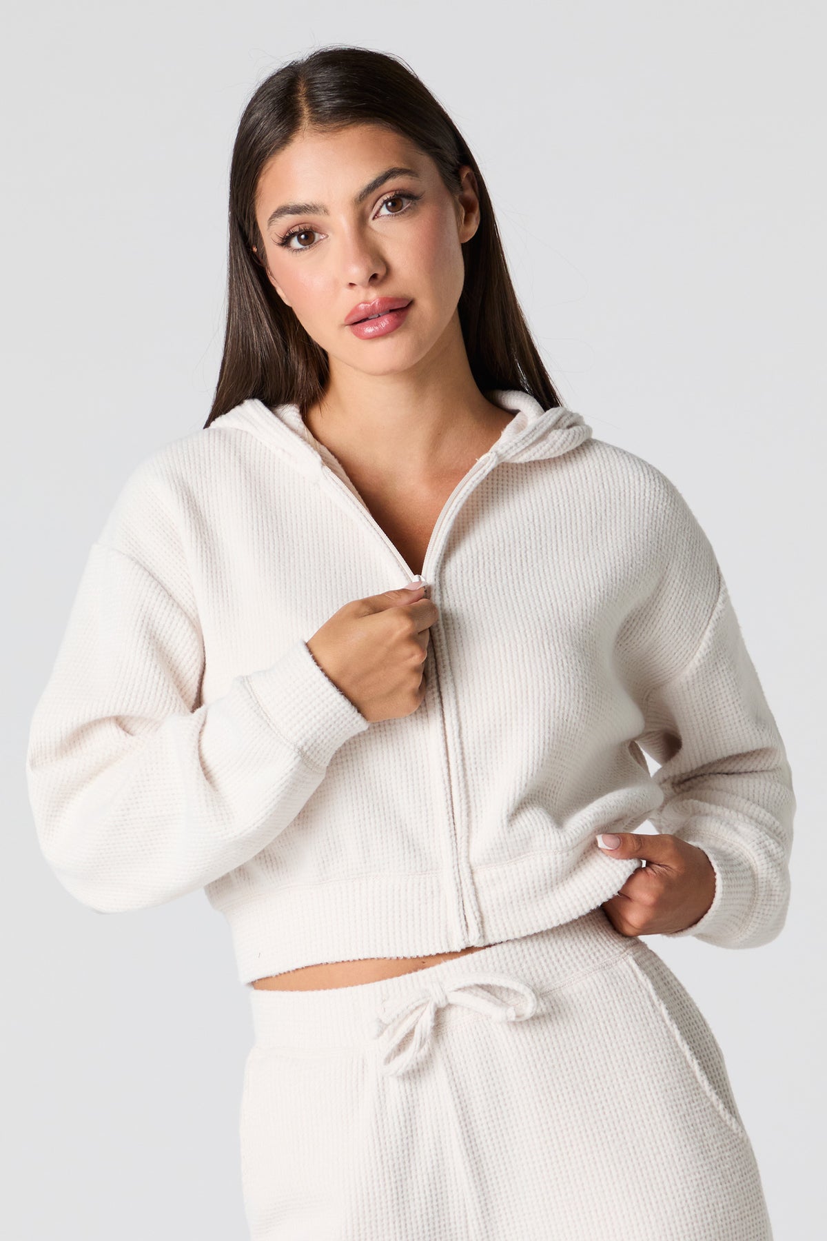 Waffle Knit Cropped Zip-Up Hoodie