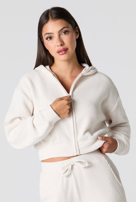 Waffle Knit Cropped Zip-Up Hoodie