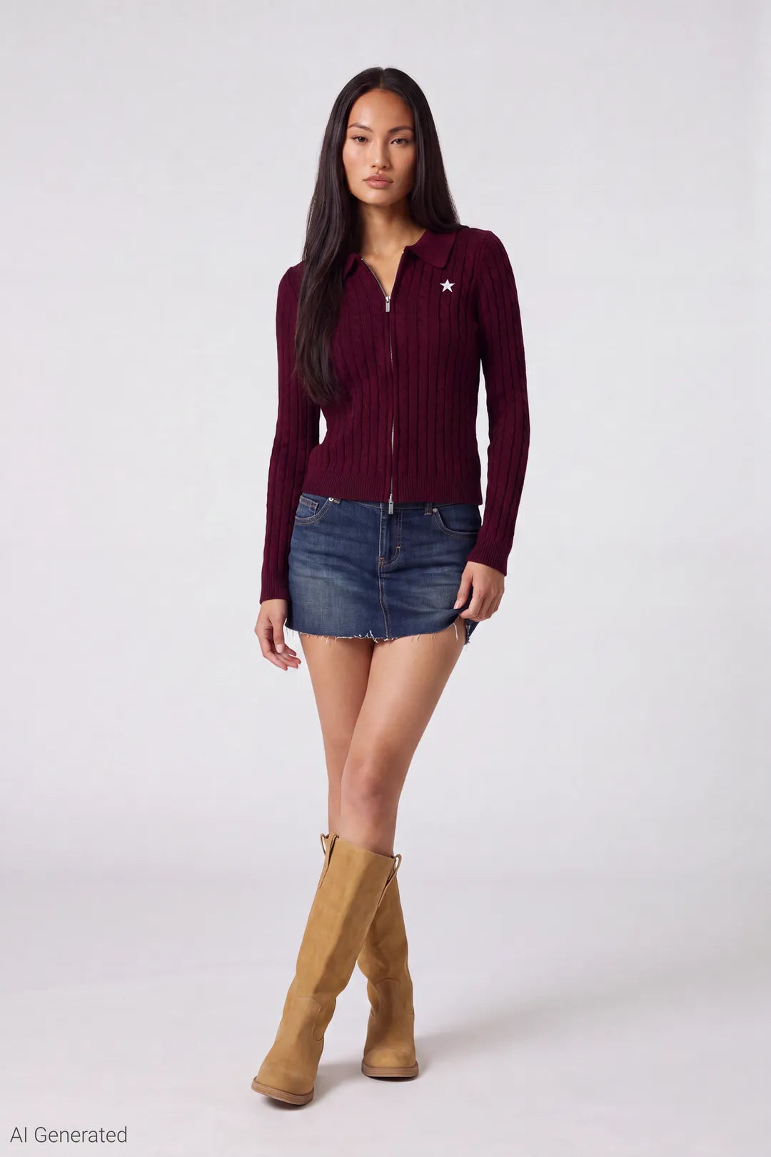 Alt View 2. Cable Knit Zip Sweater - Burgundy - Shot 1 Front - Final - Burgundy