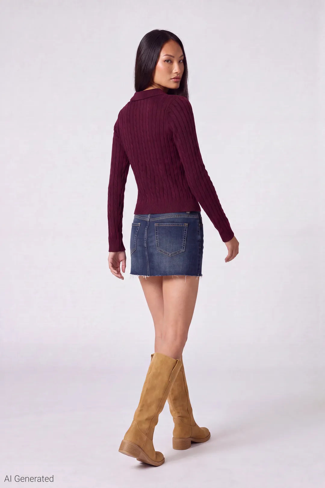 Alt View 3. Cable Knit Zip Sweater - Burgundy - Shot 2 Back - Final - Burgundy