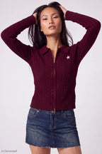 Cable Knit Zip Sweater - Burgundy - Shot 3 Hero - Final