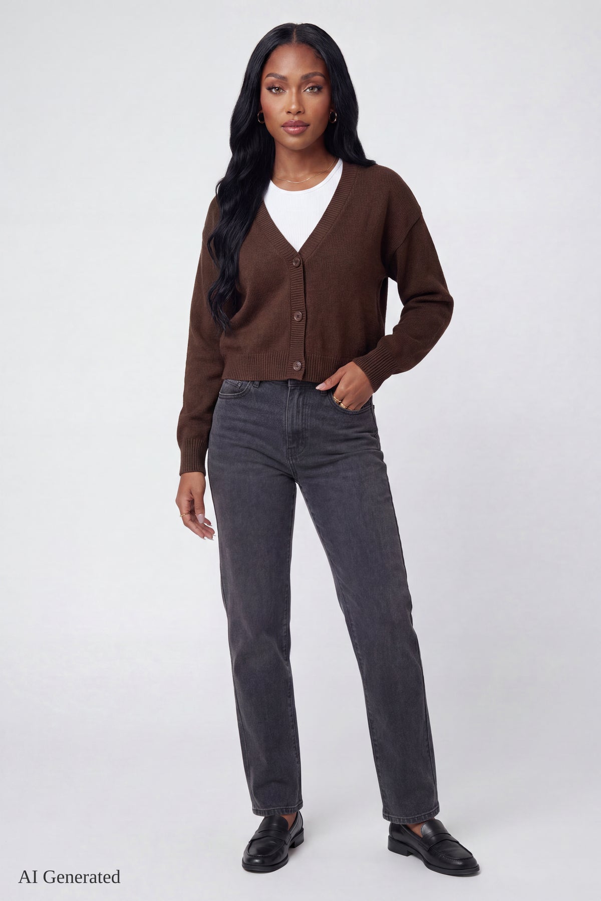Alt View 2. V-Neck Button-Up Cardigan - Brown