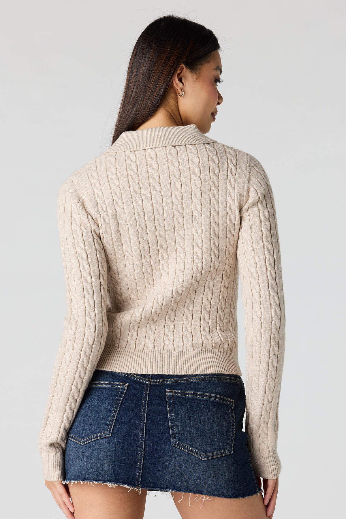 Alt View 2. Cable Knit 2-Way Zip-Up Sweater - Oatmeal