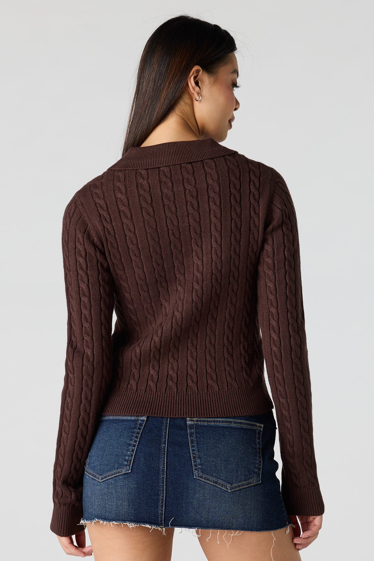 Alt View 2. Cable Knit 2-Way Zip-Up Sweater - Brown