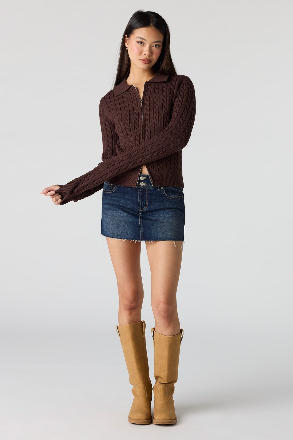 Alt View 3. Cable Knit 2-Way Zip-Up Sweater - Brown