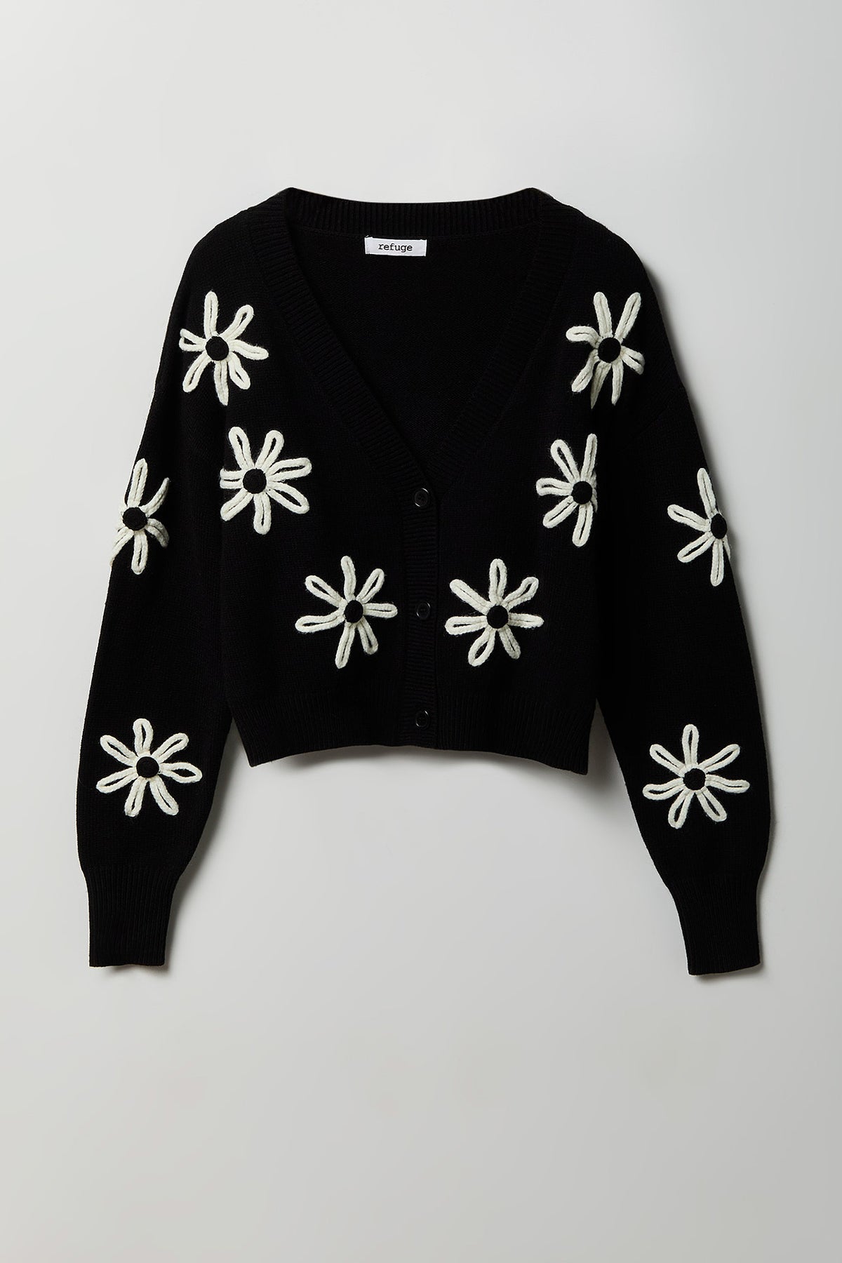 3D V-Neck Button-Up Cardigan - Black