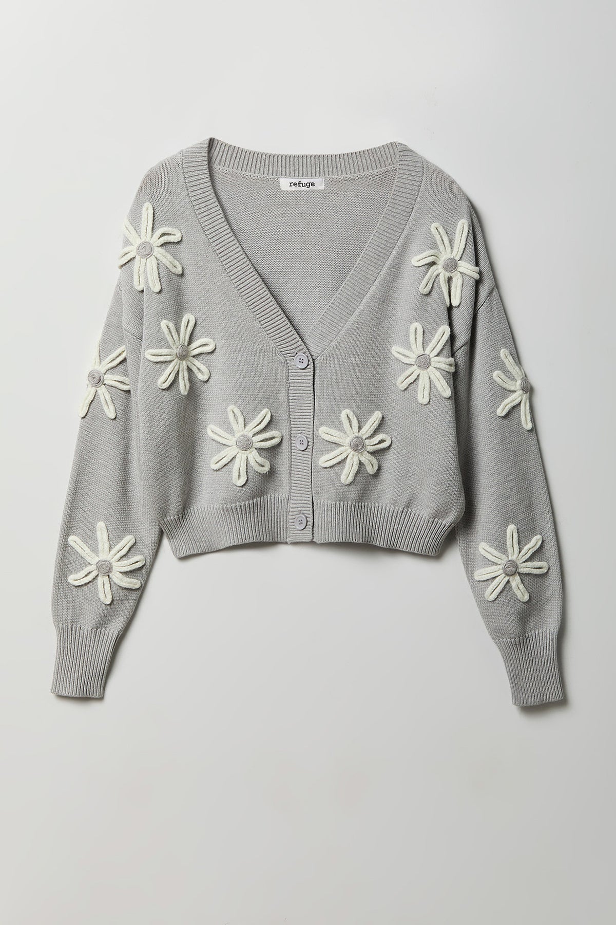 3D V-Neck Button-Up Cardigan - Heather Grey