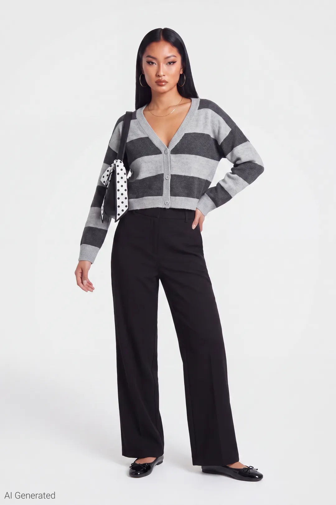 Alt View 2. Mossy Knit Striped Cardigan - Heather Grey