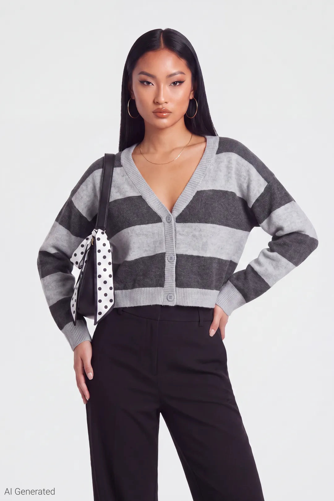 Mossy Knit Striped Cardigan - Heather Grey