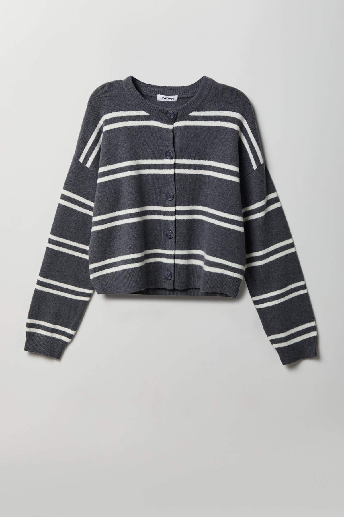 Striped Mossy Knit Button Front Cardigan - Charcoal