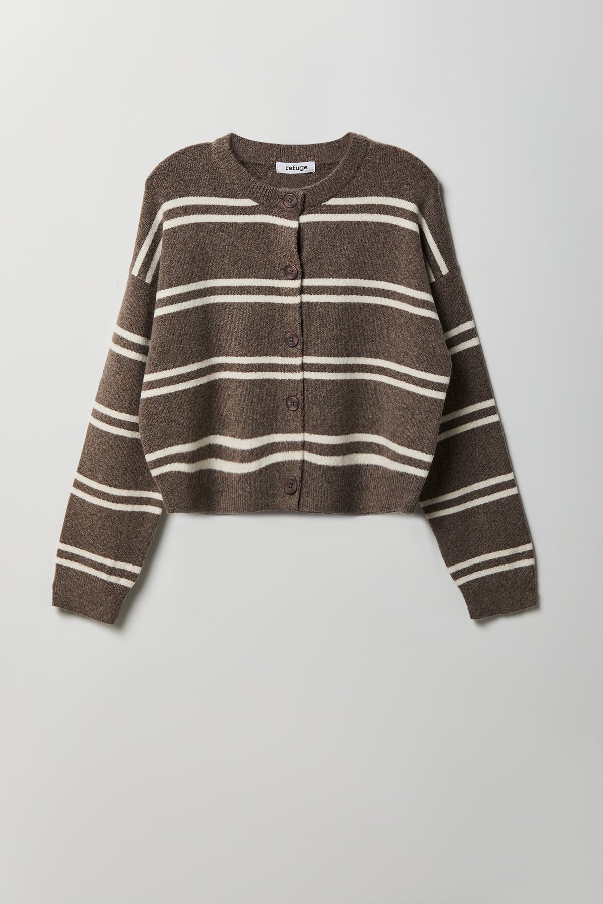 Striped Mossy Knit Button Front Cardigan - Dark Brown