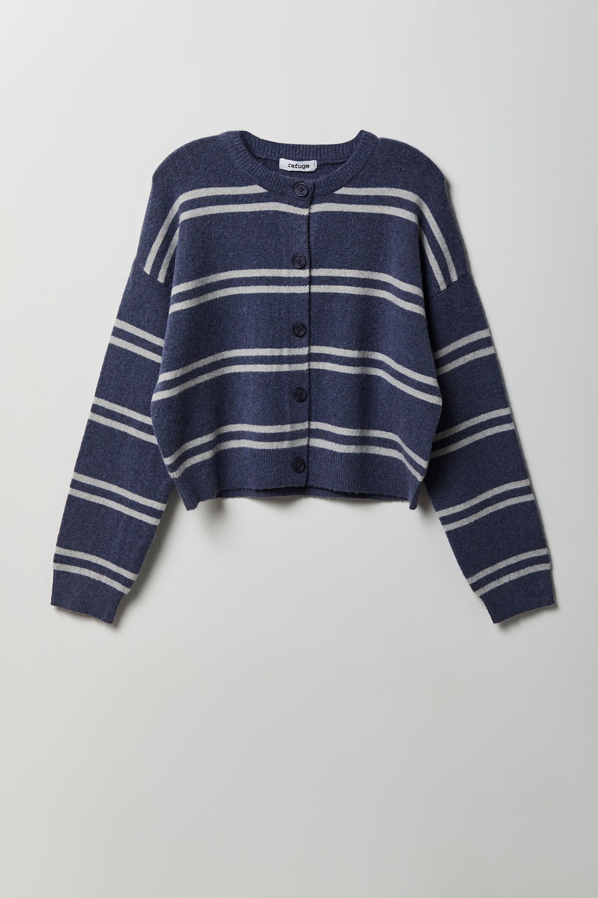 Striped Mossy Knit Button Front Cardigan - Blue