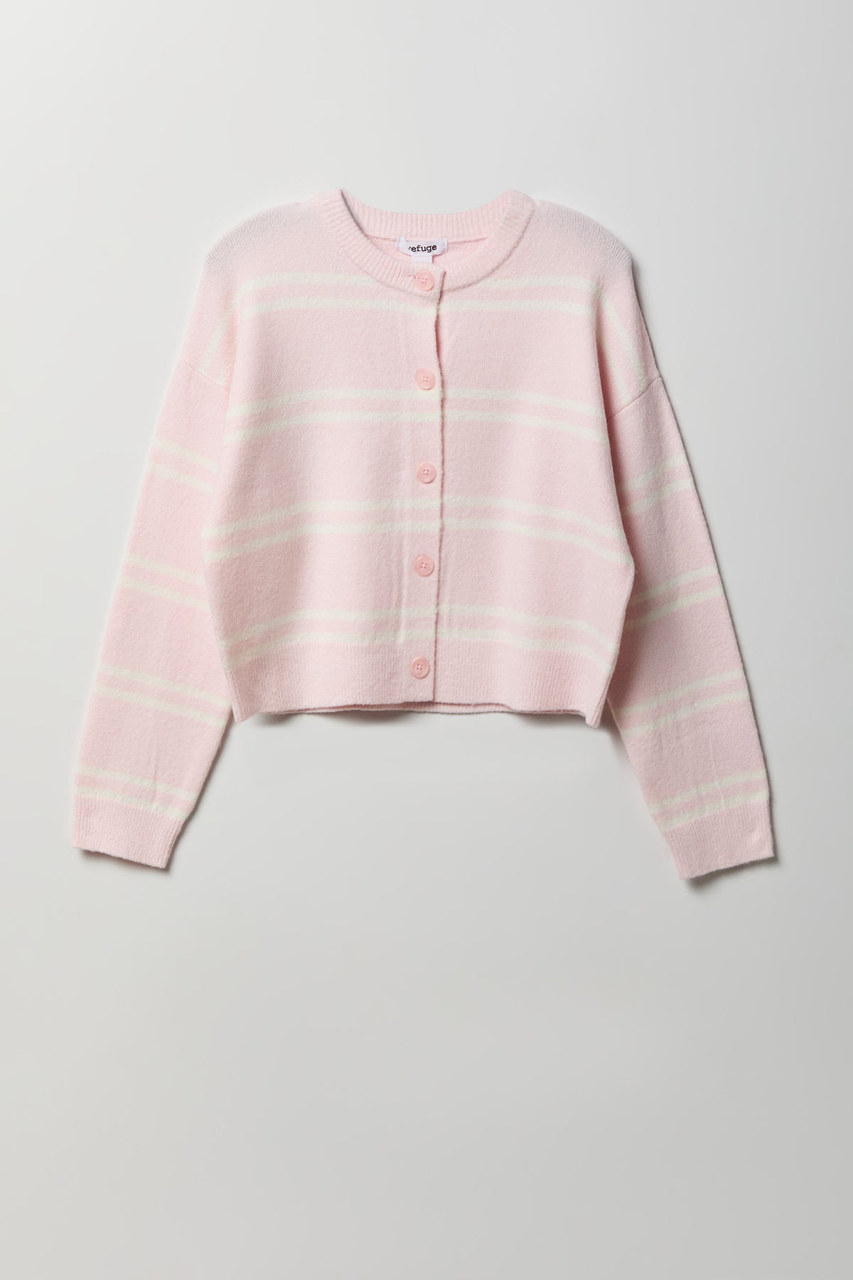 Striped Mossy Knit Button Front Cardigan - Light Pink