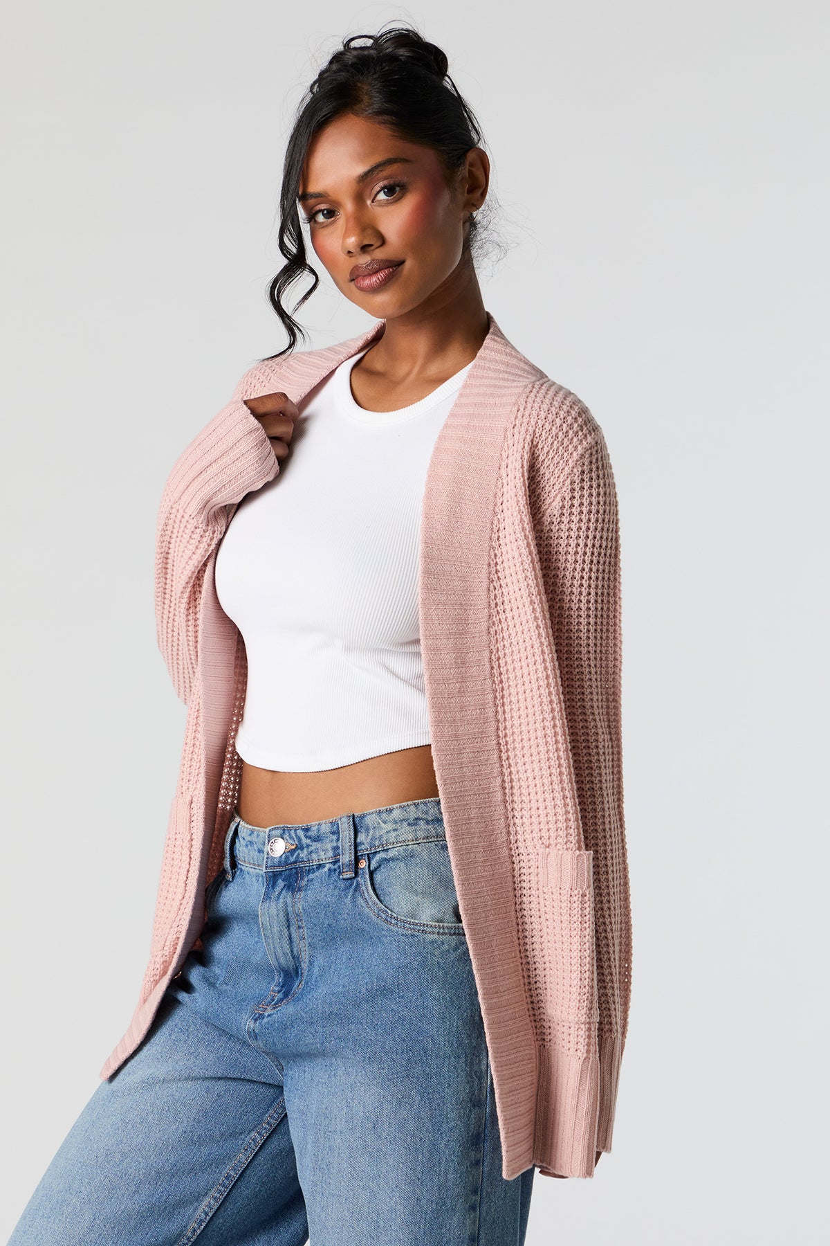 Waffle Knit Open Front Cardigan