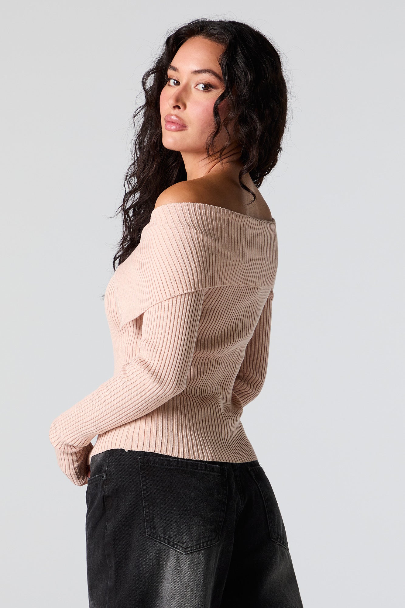 Ribbed Knit Zip Up Off Shoulder Sweater Charlotte Russe