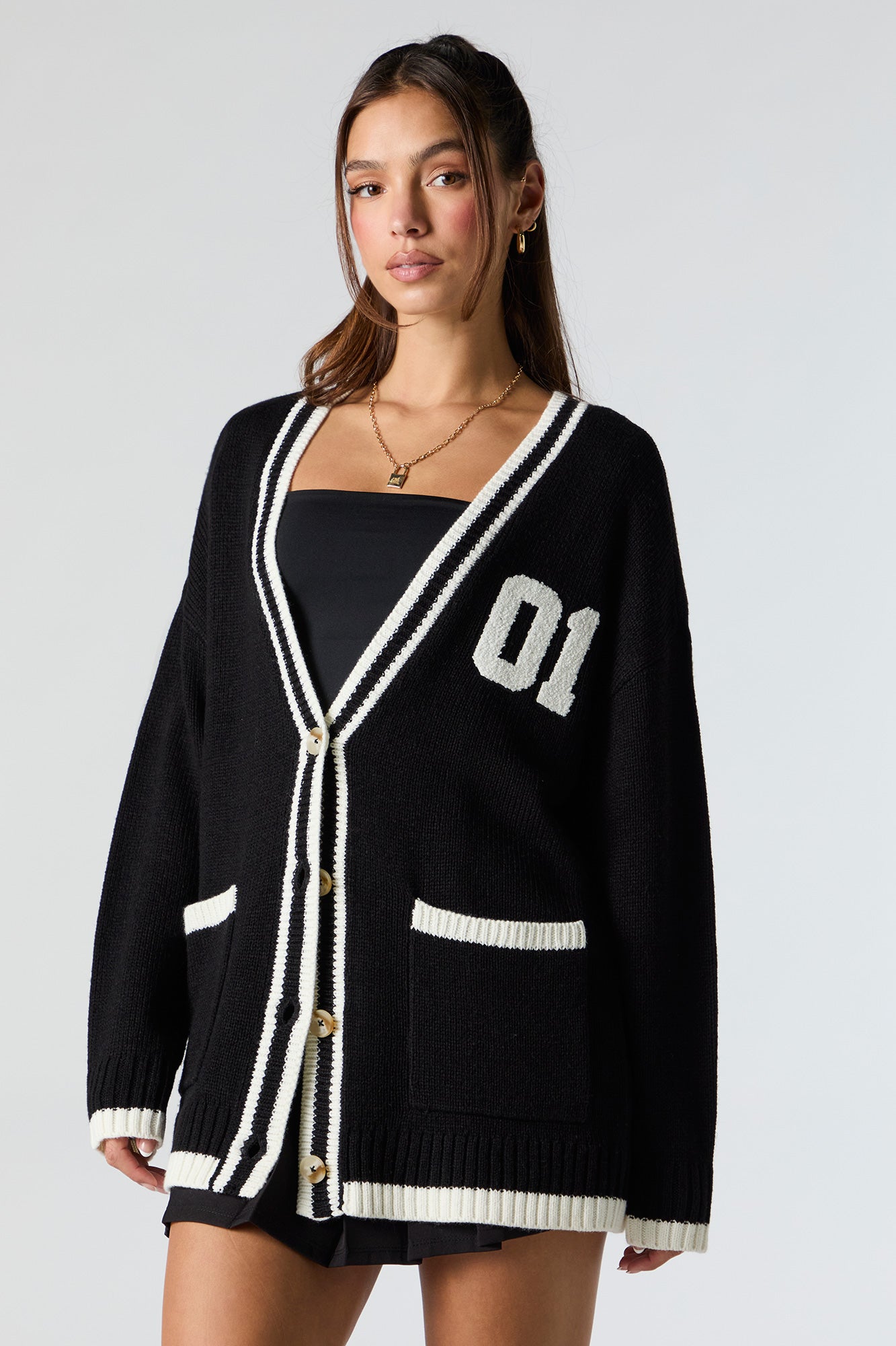 Chenille Embroidered Button-Up Knit Cardigan