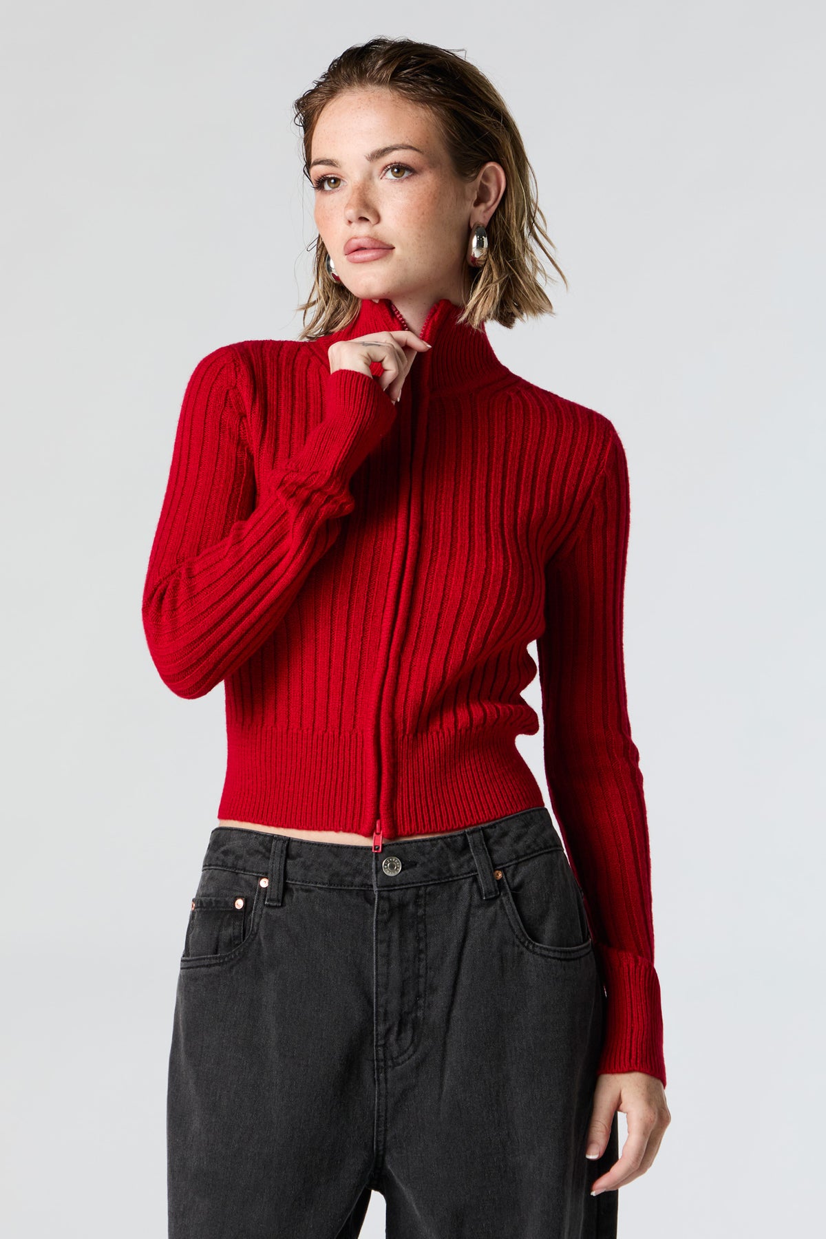 Ribbed Knit Zip-Up Sweater