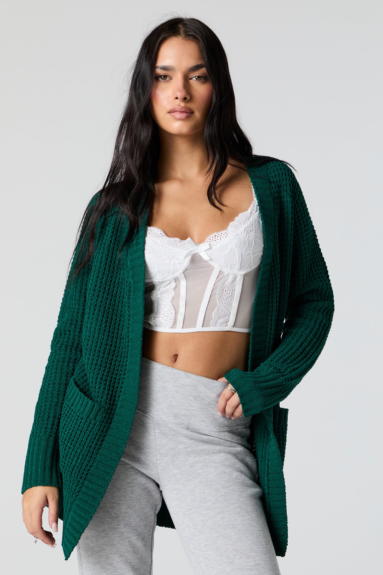 Waffle Knit Long Sleeve Cardigan