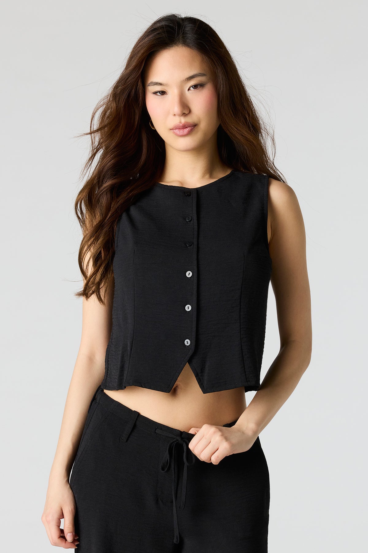 Flowy Button-Up Vest - Black