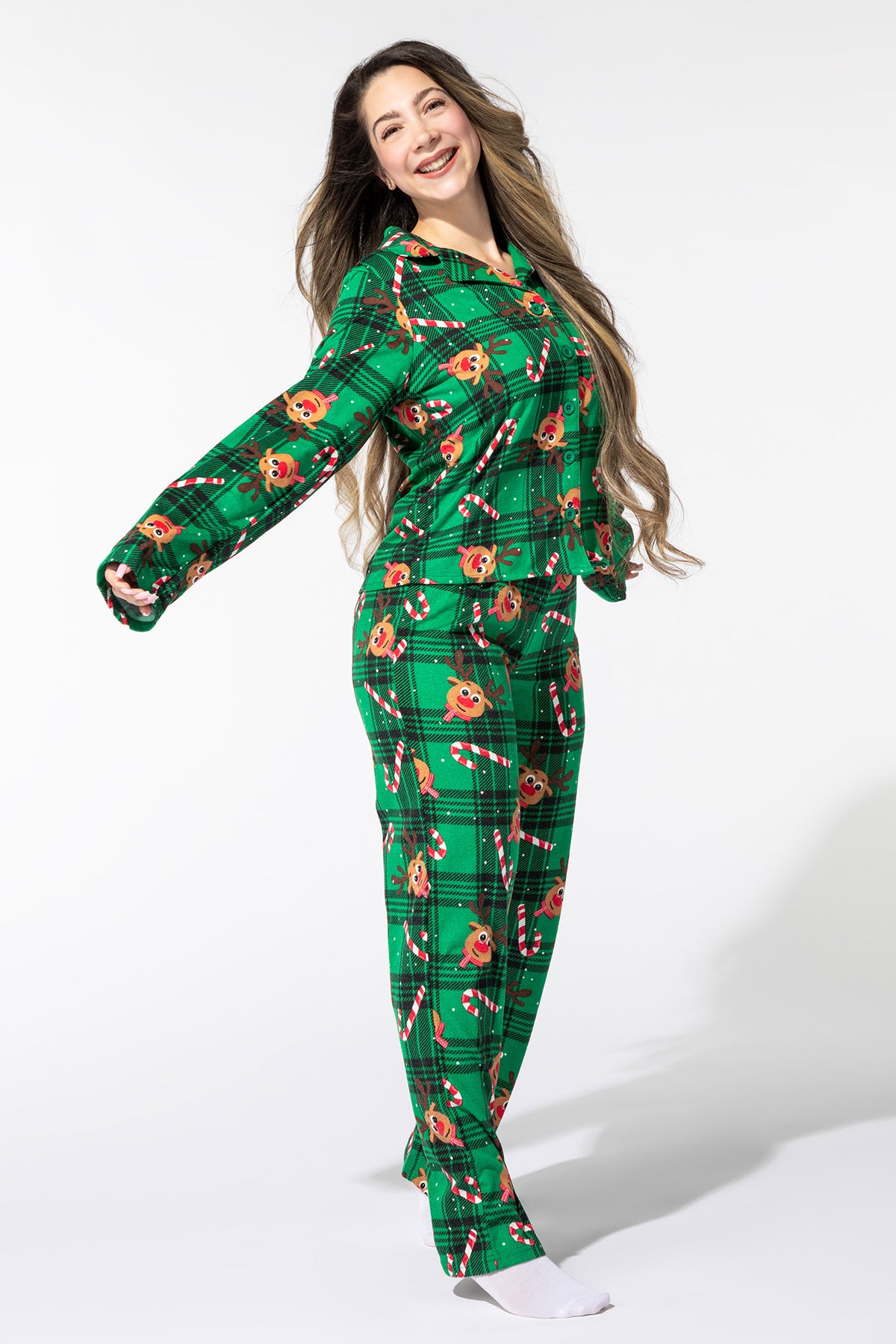 Womens Matching the Family Rudolph Flannel 2 Piece Pajama Set