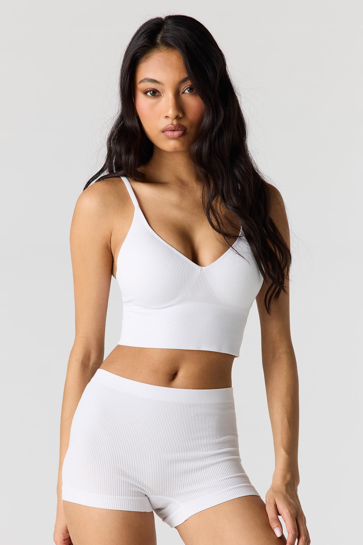 Seamless Ribbed Padded Bralette - White