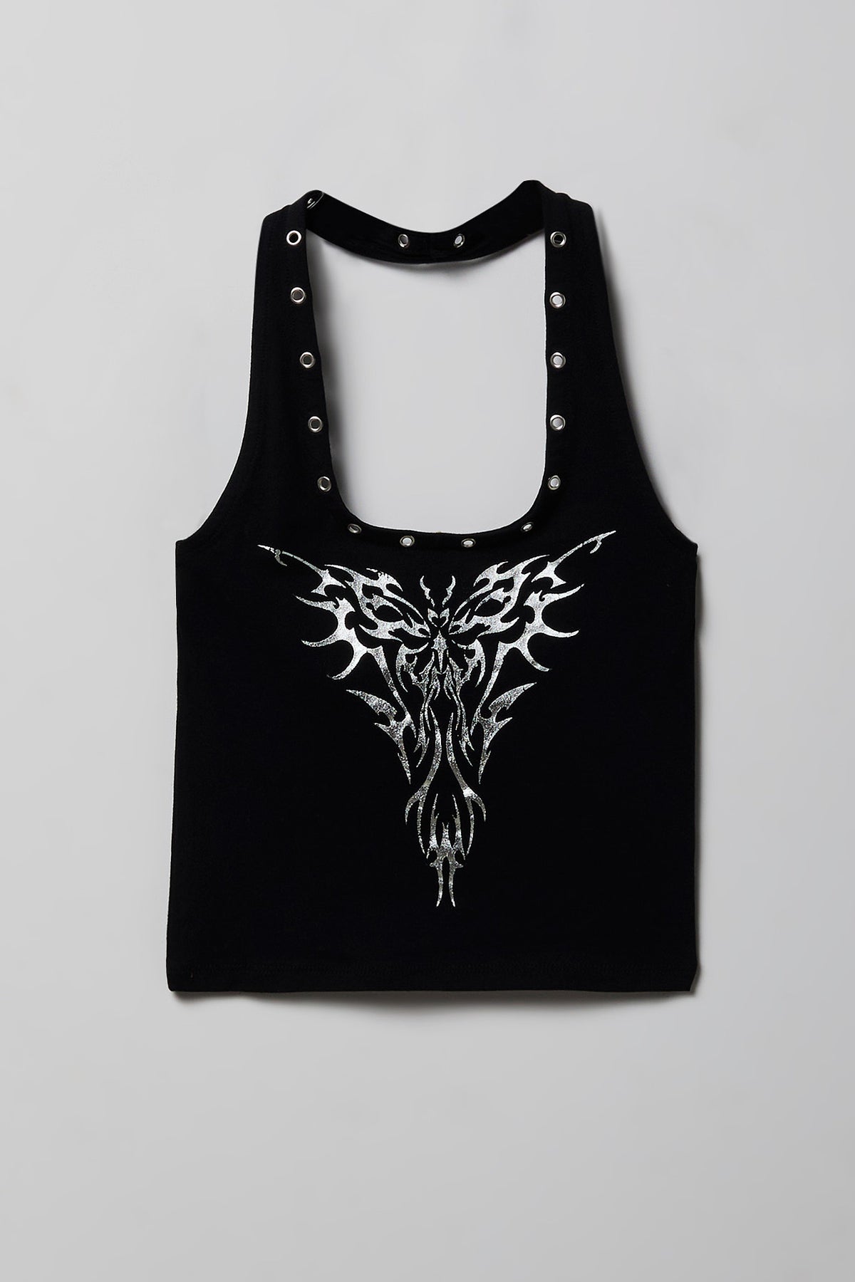 Alt View 4. Graphic Grommet Trim Halter Top - Black