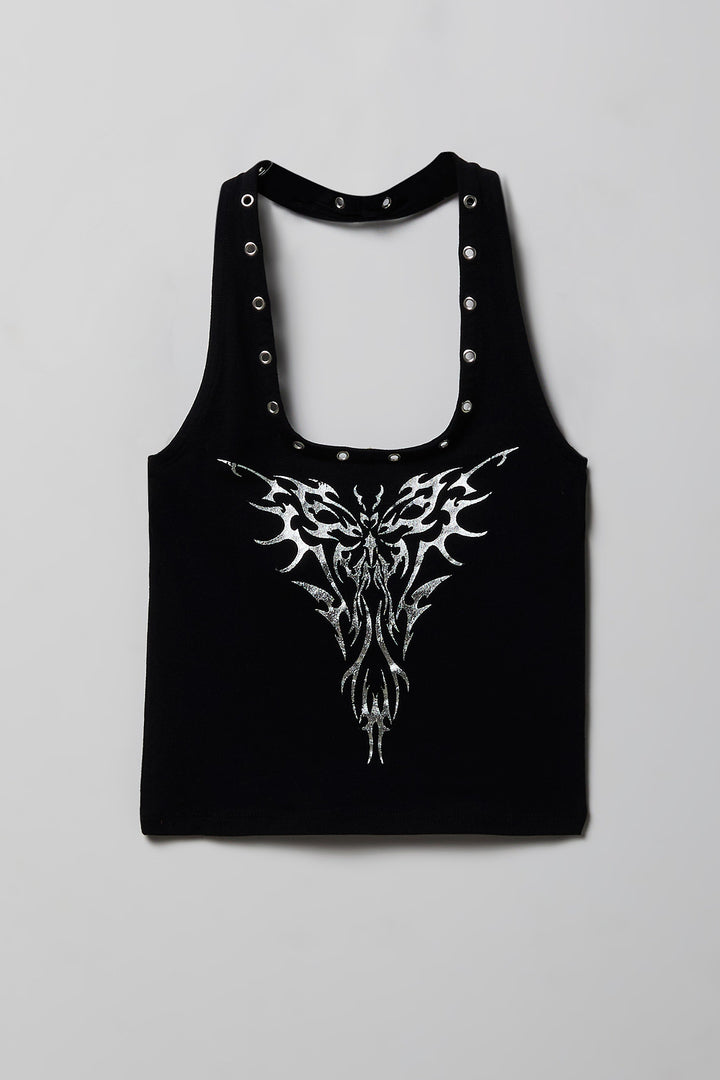 Graphic Grommet Trim Halter Top