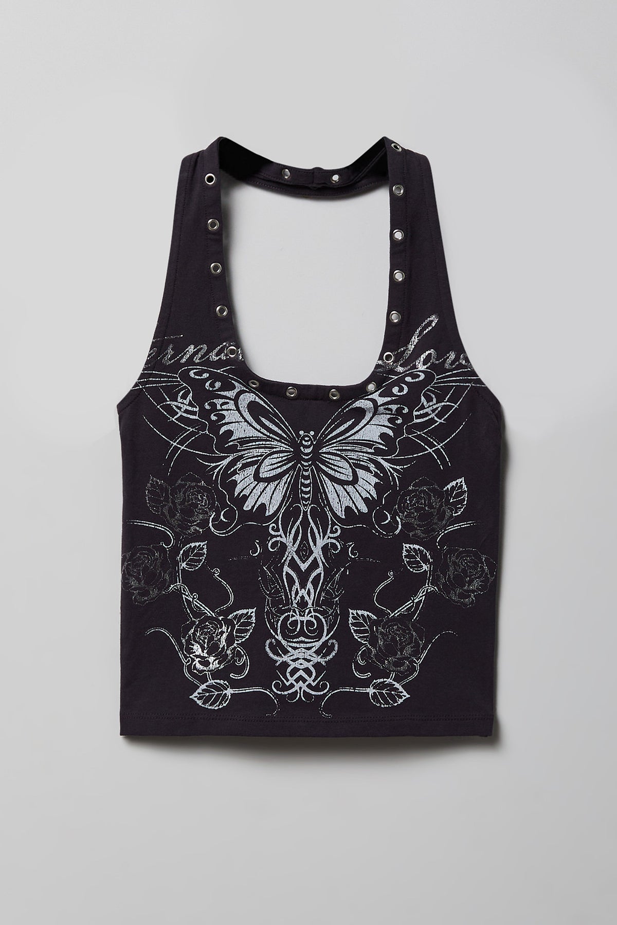 Alt View 4. Graphic Grommet Trim Halter Top - Charcoal