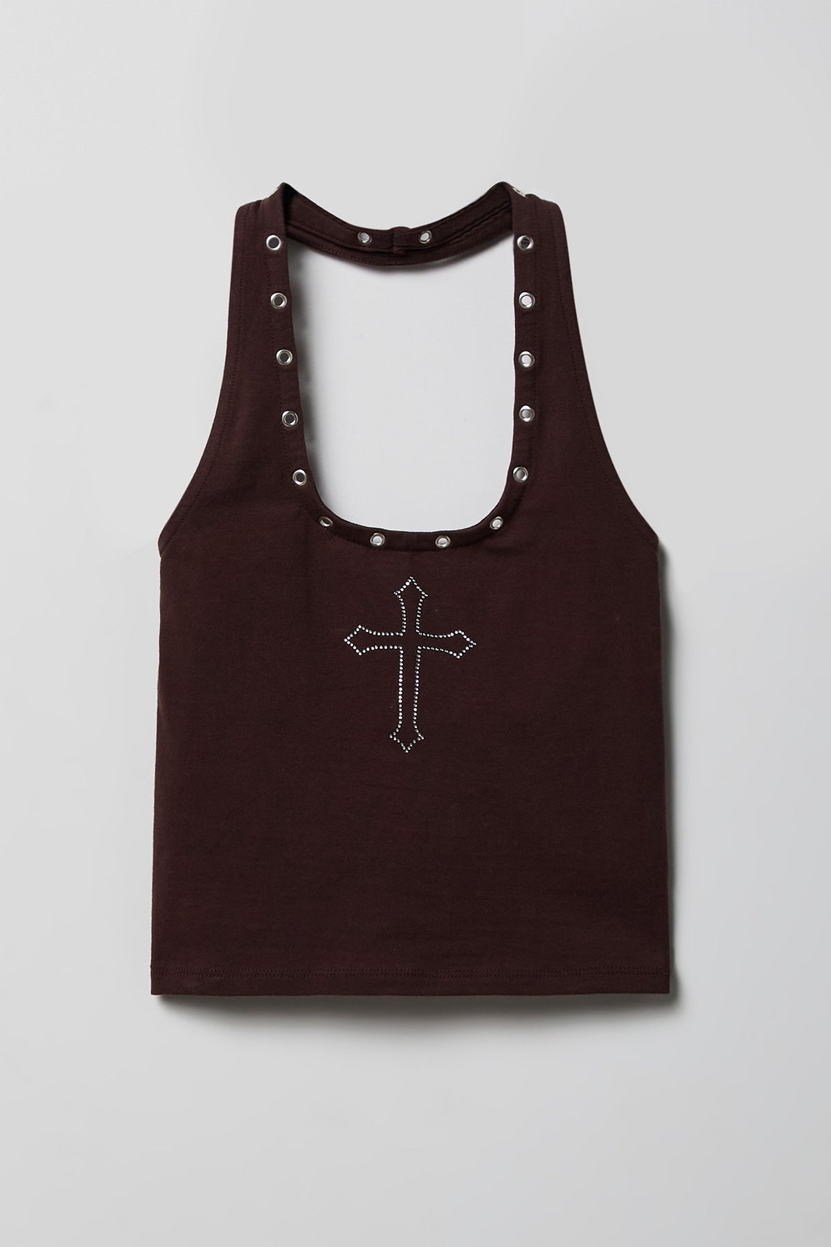 Alt View 4. Graphic Grommet Trim Halter Top - Brown