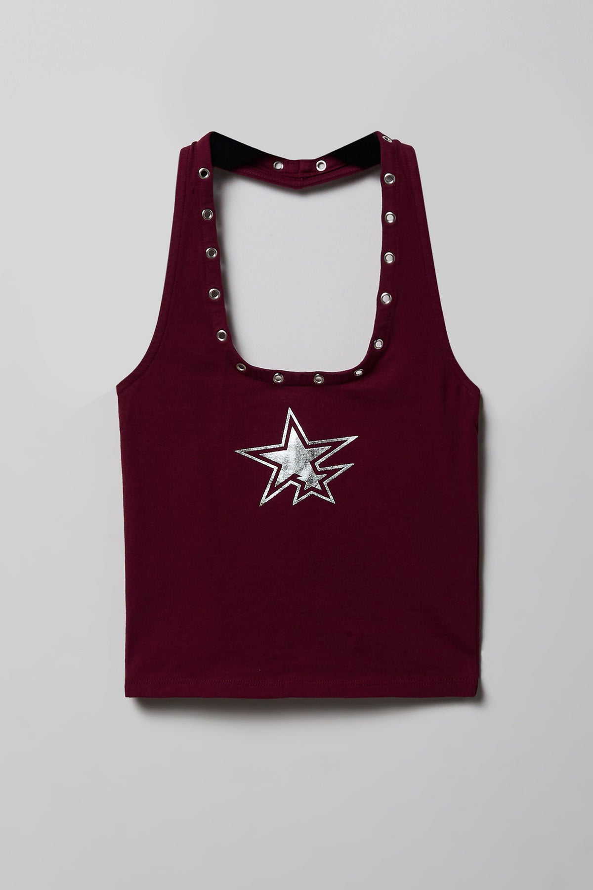Alt View 4. Graphic Grommet Trim Halter Top - Burgundy