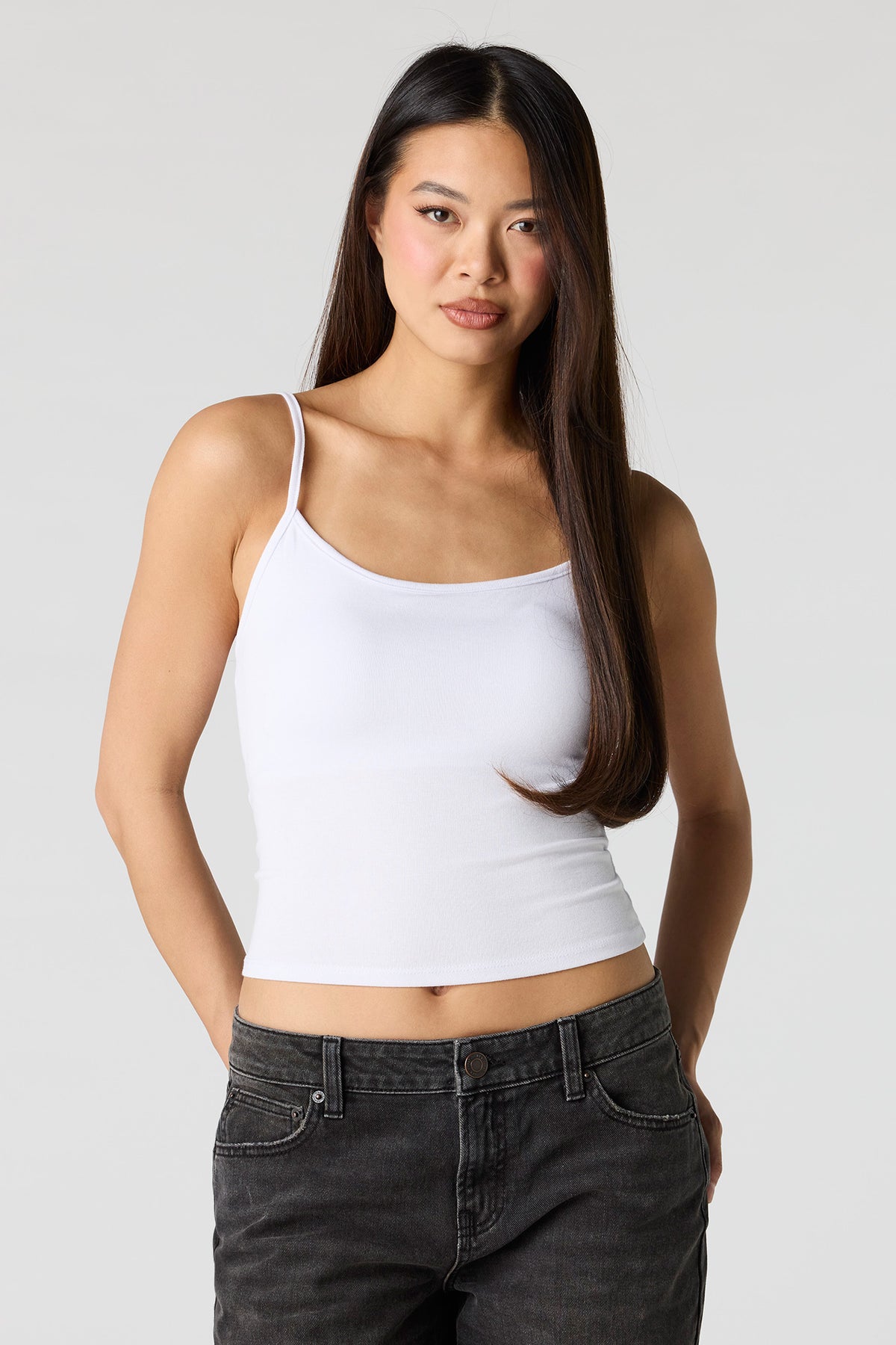 Braless Ribbed Scoop Neck Tank - White