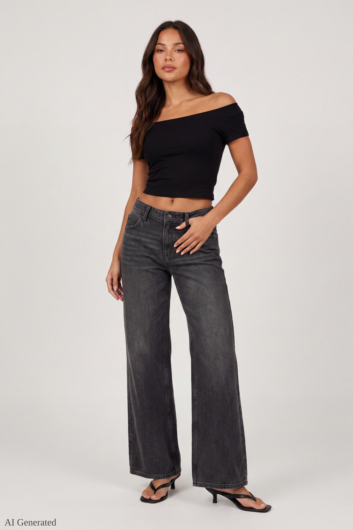 Alt View 2. Luxe Heavy Cotton Off Shoulder T-Shirt - Black