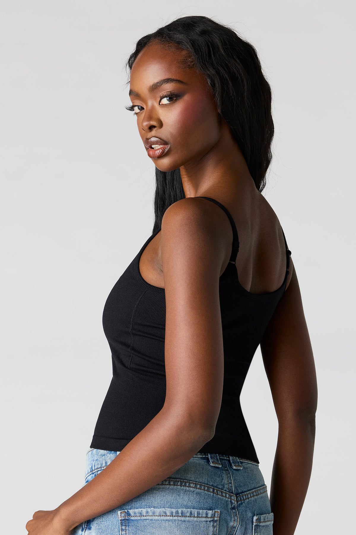 Alt View 2. Braless Seamless Ribbed Scoop Neck Tank - Black