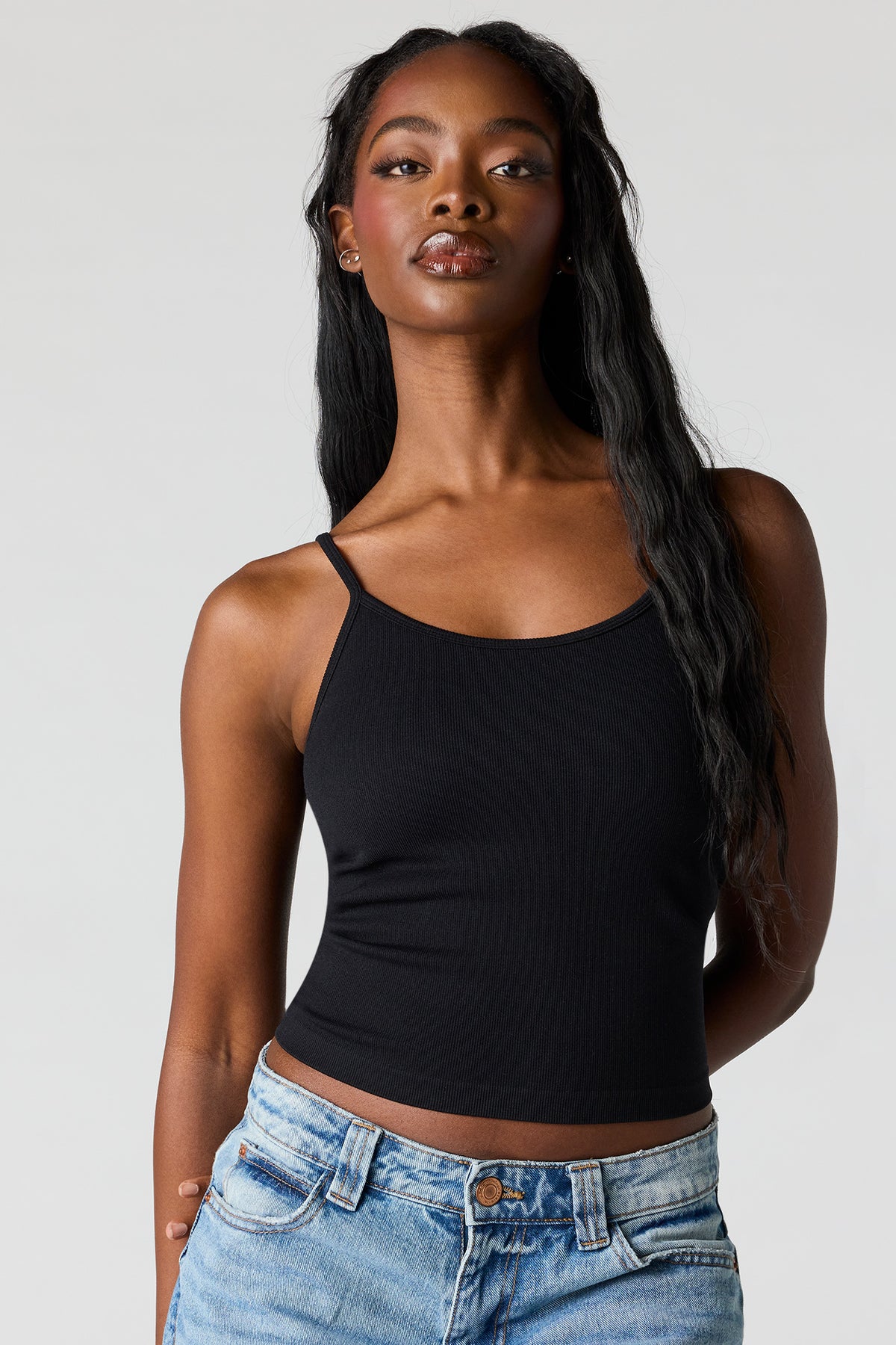 Braless Seamless Ribbed Scoop Neck Tank - Black