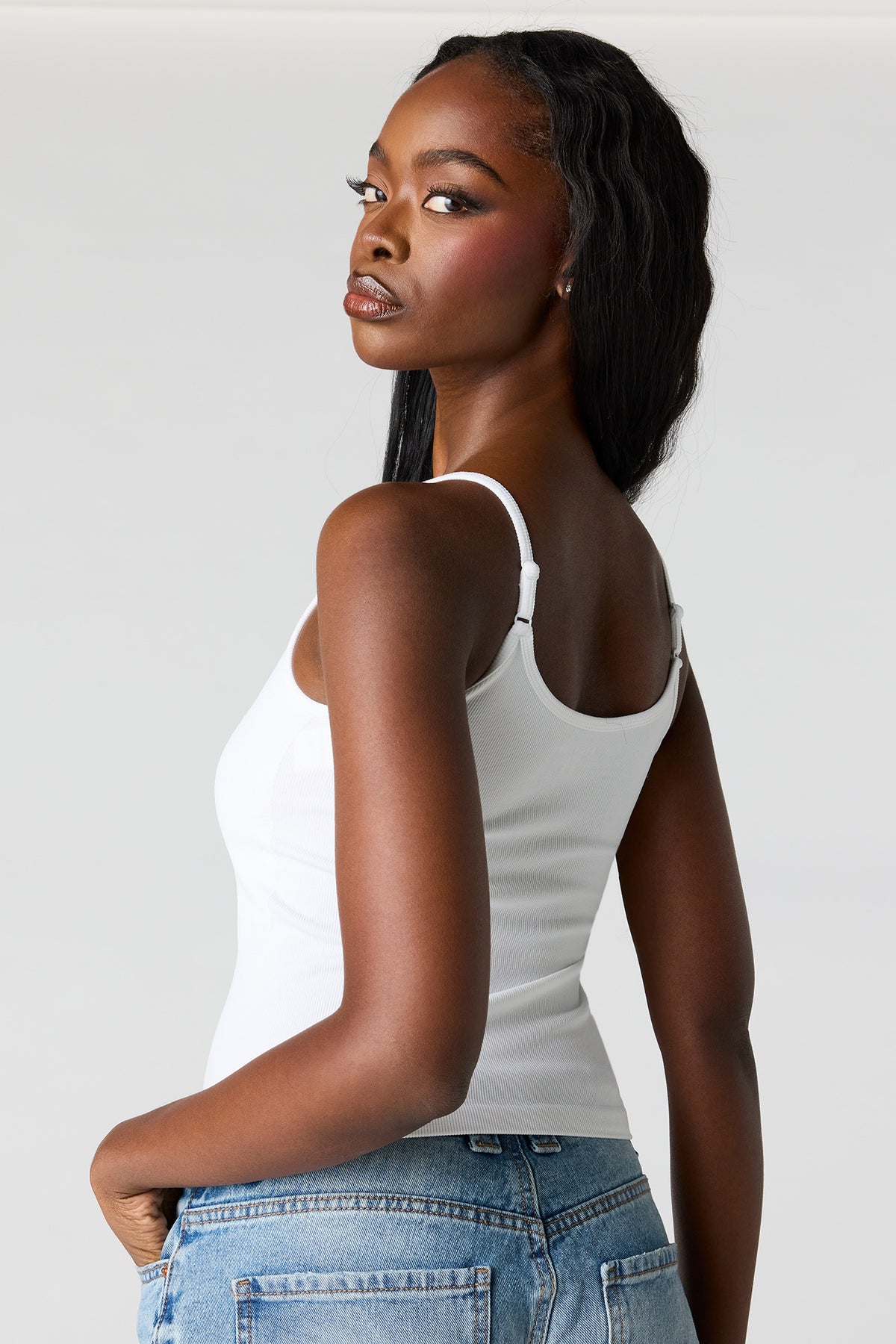 Alt View 2. Braless Seamless Ribbed Scoop Neck Tank - White