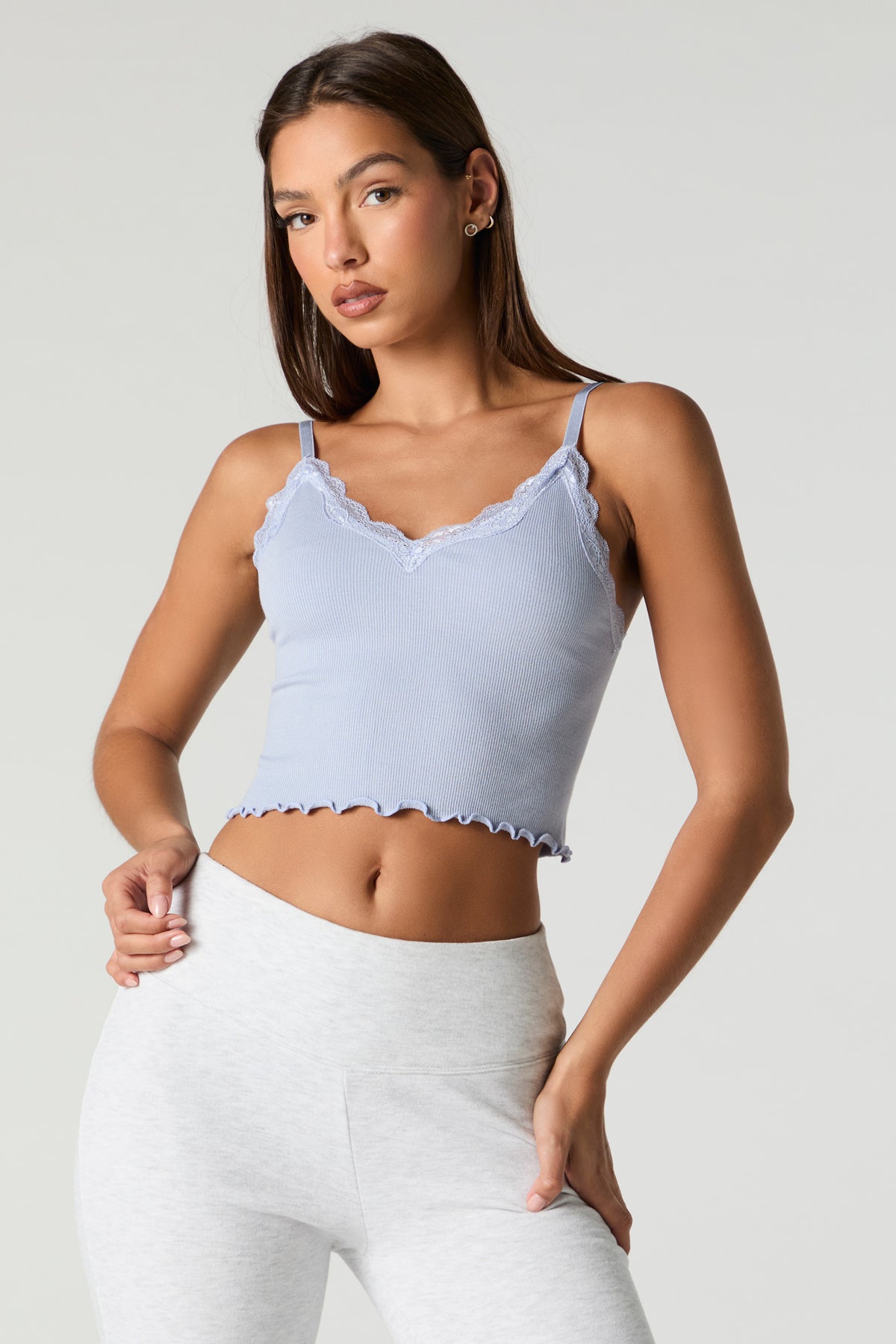 Seamless Ribbed Lace Trim V-Neck Cami