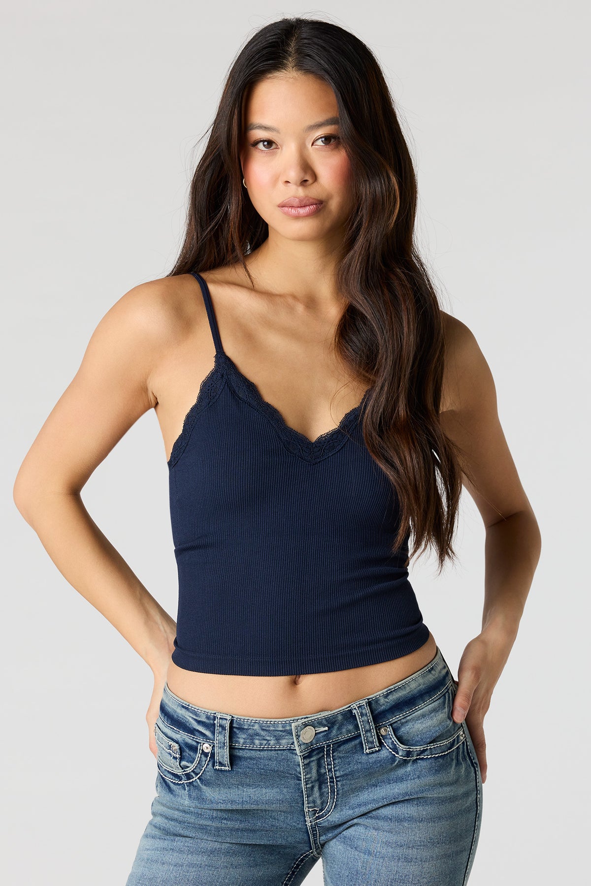 Seamless Lace Trim Cami - Navy