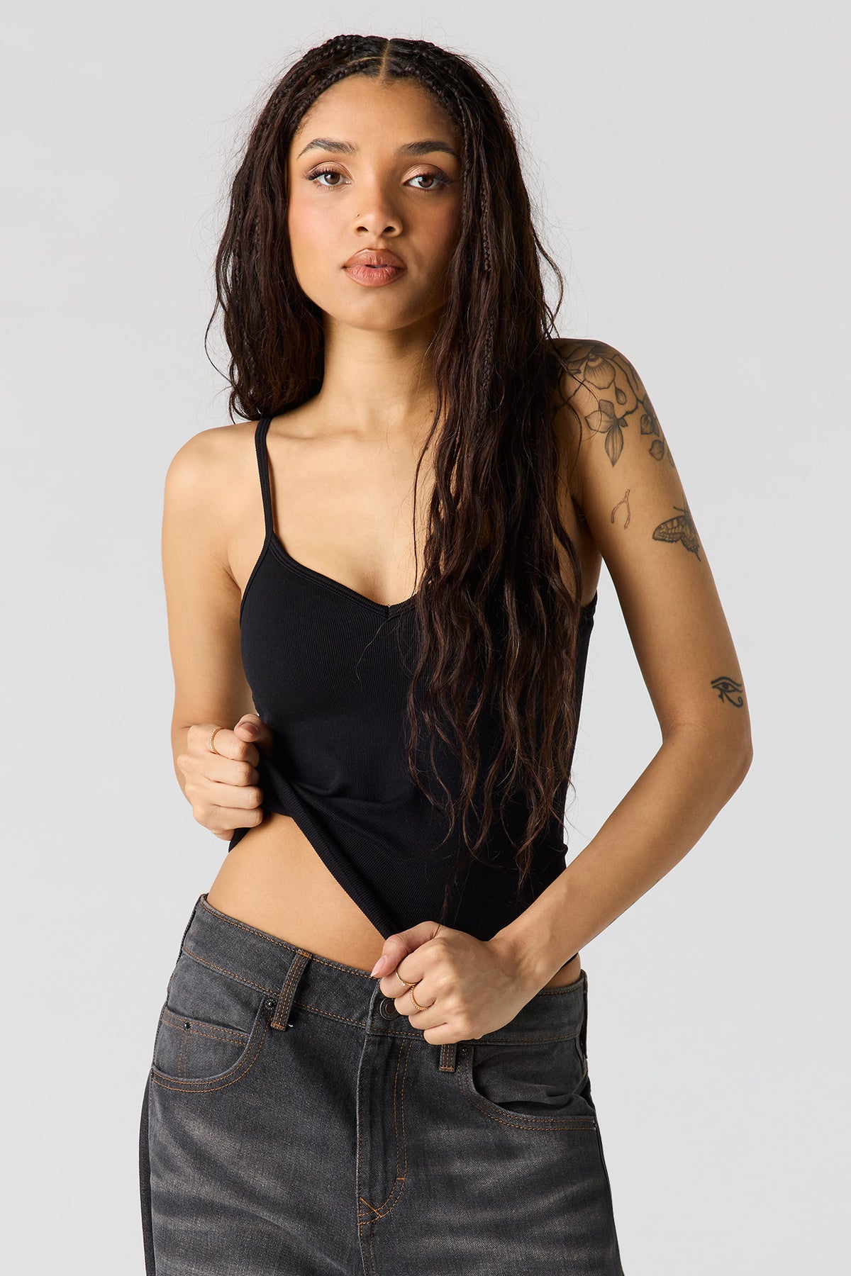 Braless Seamless Ribbed V-Neck Cami - Black