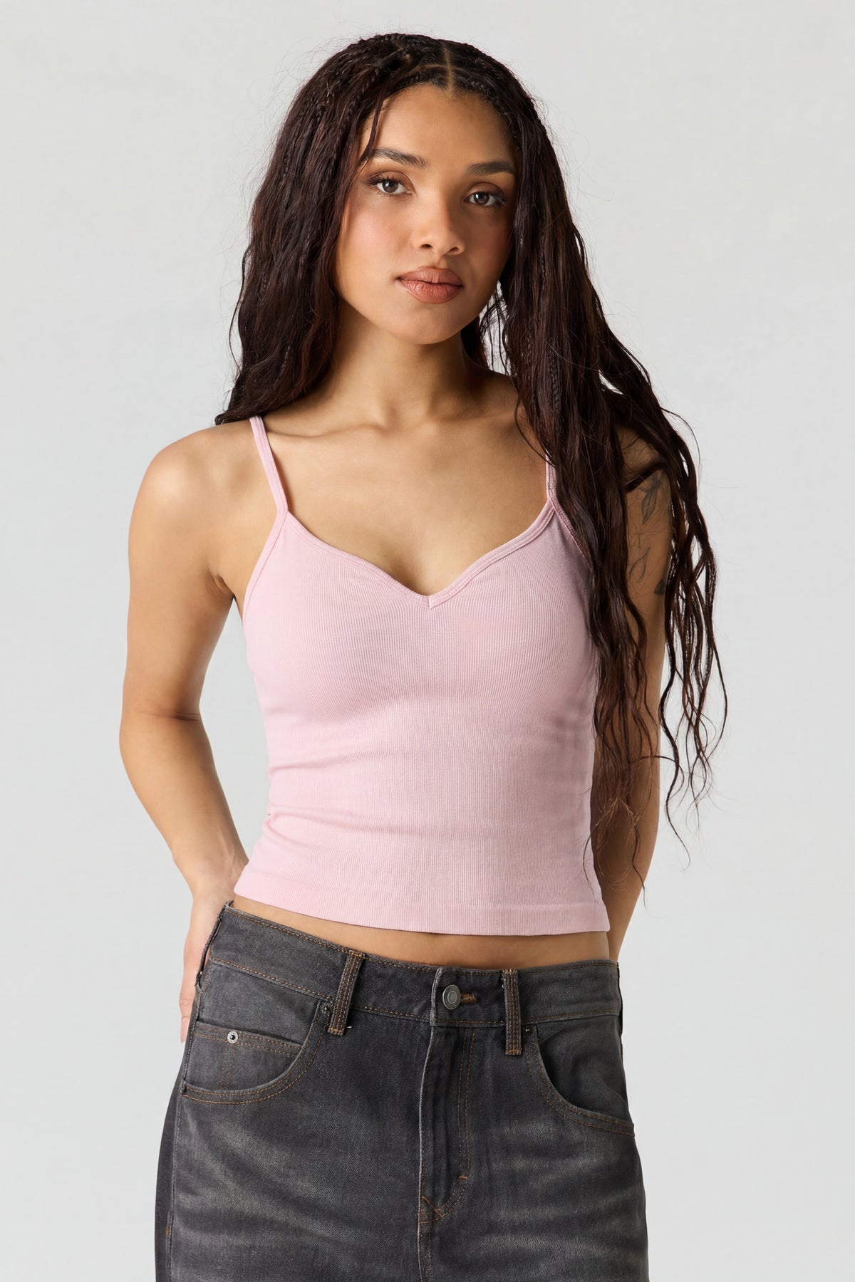 Braless Seamless Ribbed V-Neck Cami - Light Pink