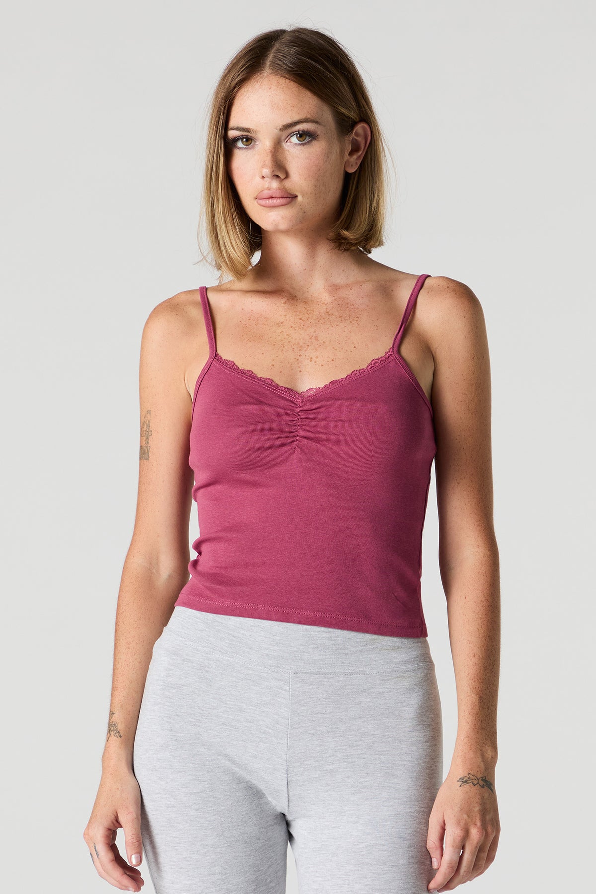 Ribbed Lace Trim Cinched Cami