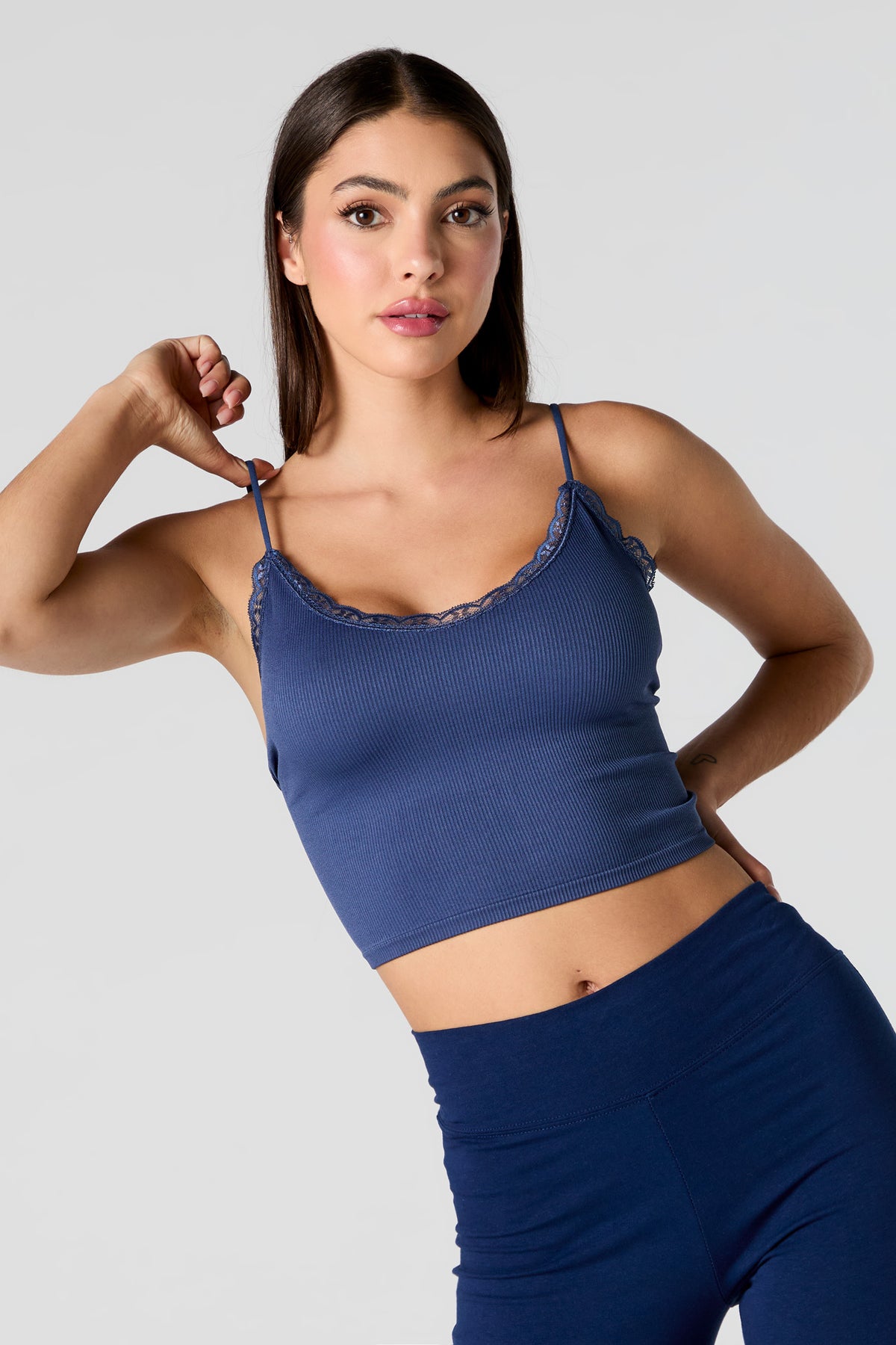 Seamless Ribbed Lace Trim Cropped Cami