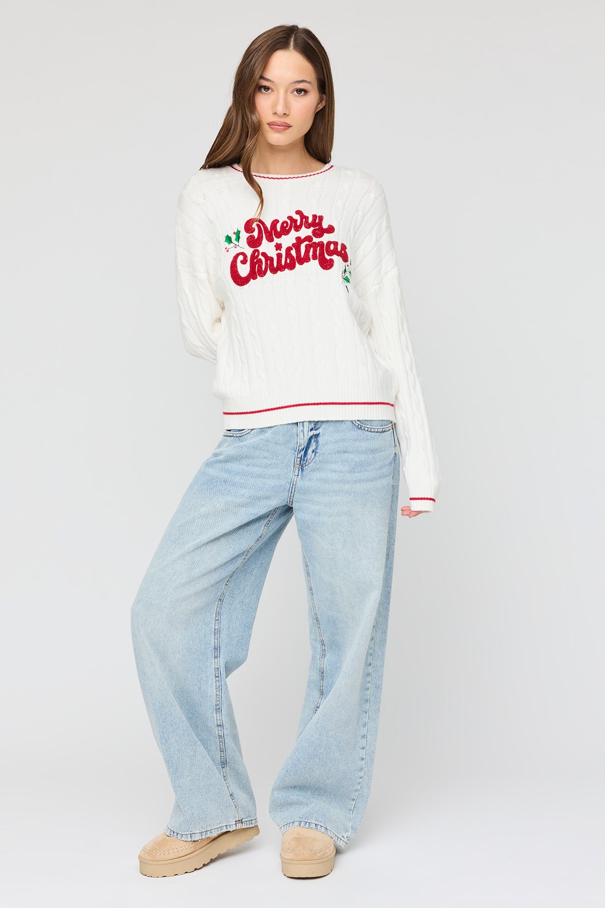 Alt View 3. Merry Christmas Cable Knit Sweater - Ivory