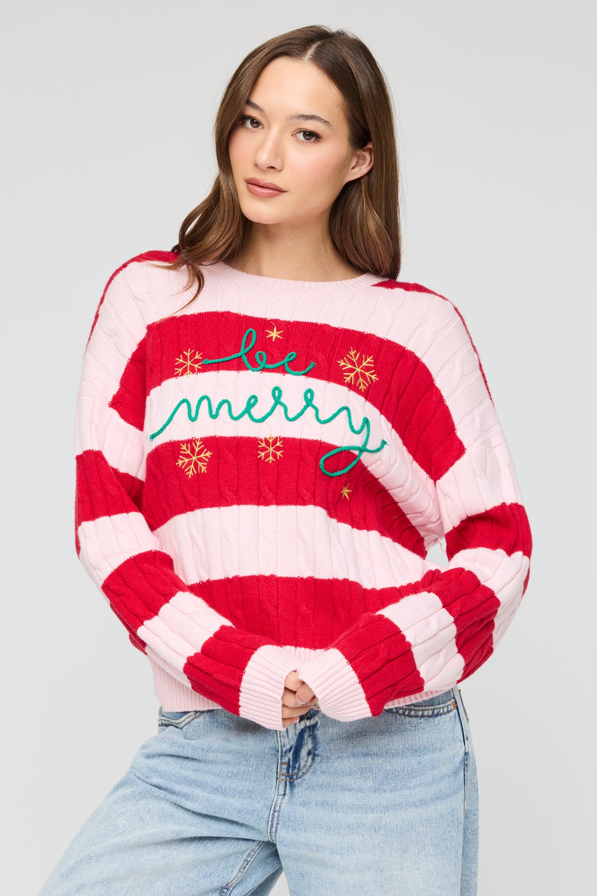 Be Merry Cable Knit Christmas Sweater - Light Pink