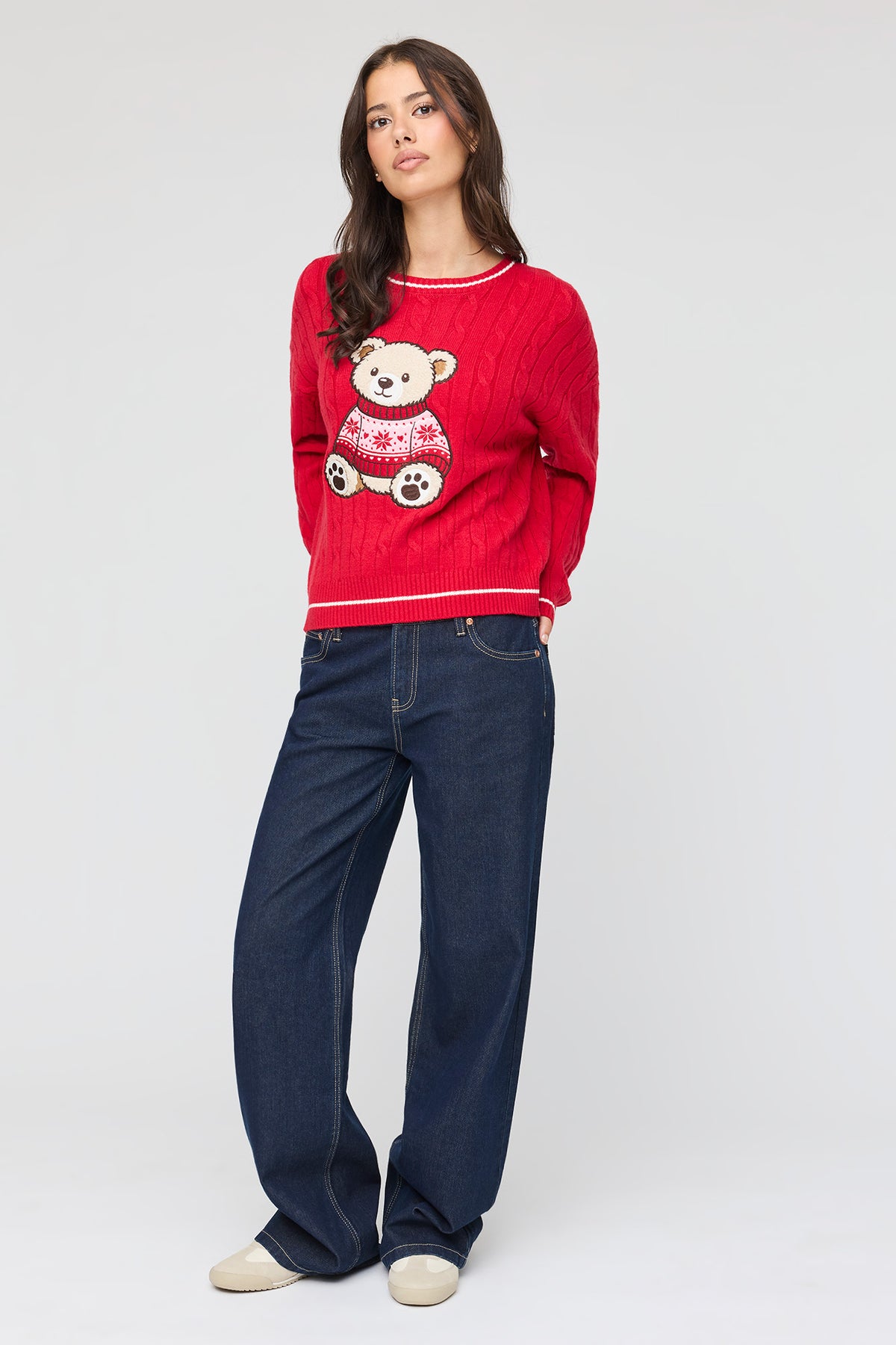 Alt View 3. Teddy Cable Knit Boxy Christmas Sweater - Red