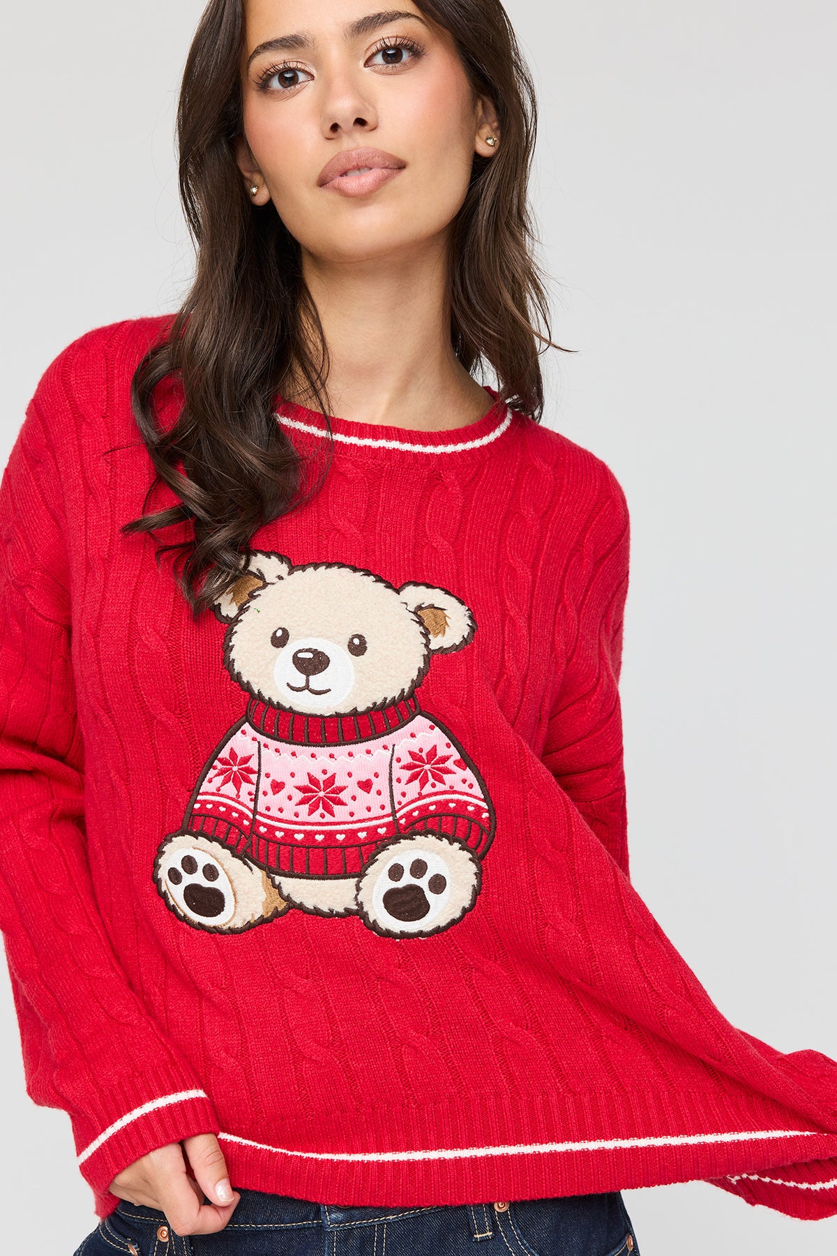 Alt View 4. Teddy Cable Knit Boxy Christmas Sweater - Red