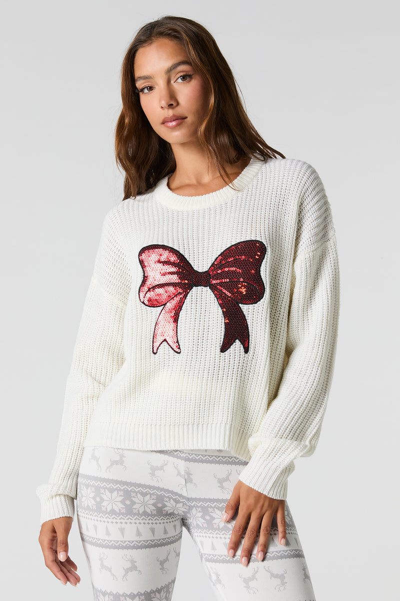 Sequin Bow Ribbed Knit Sweater