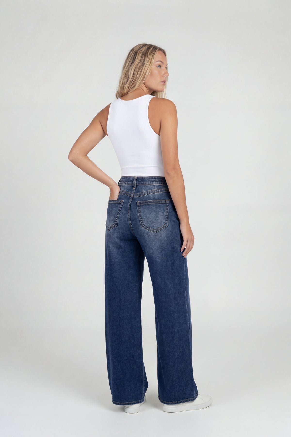 Alt View 2. Soho Stretch Mid Rise Super Baggy Dark Jean - Denim Blue