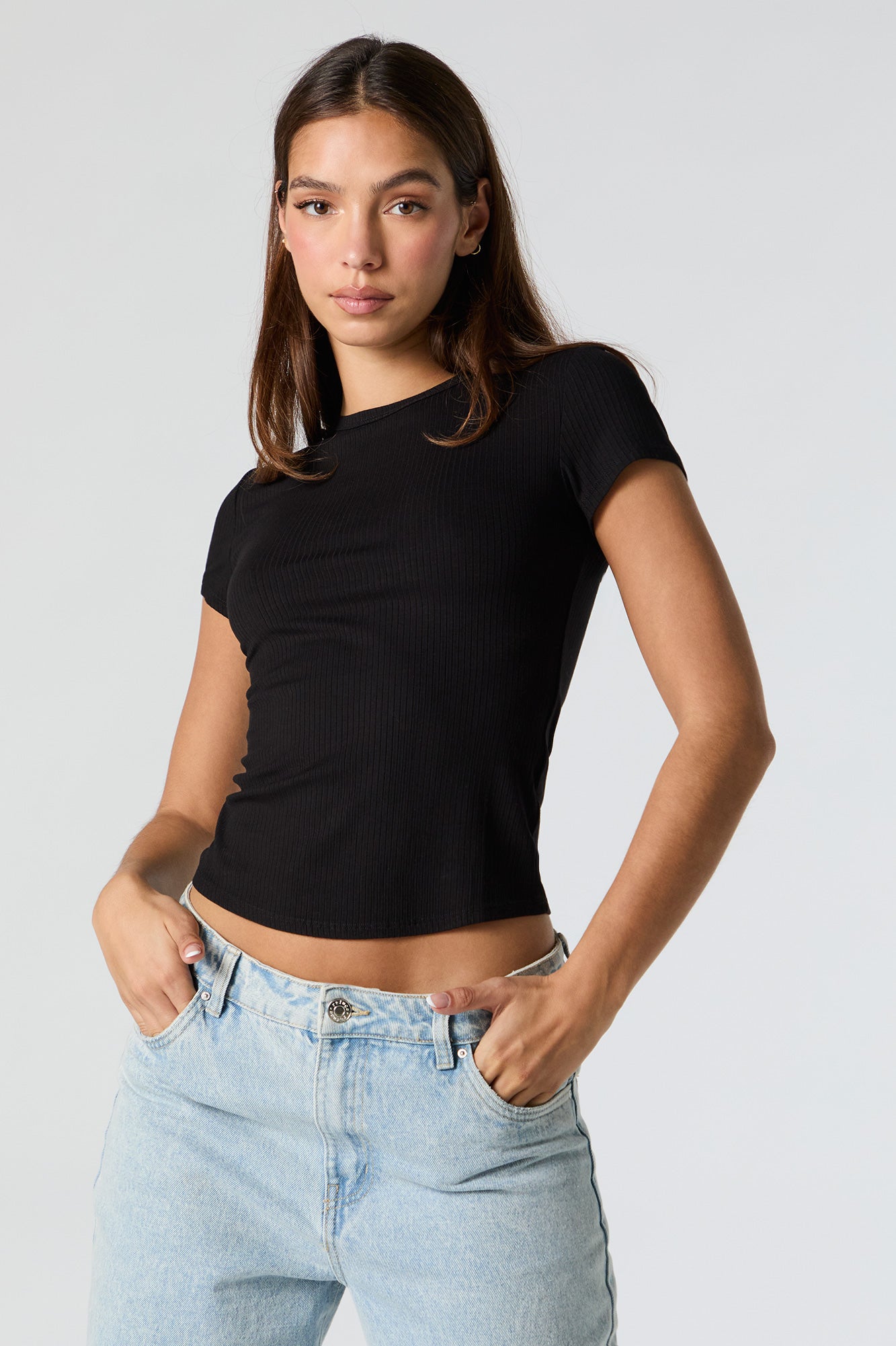 Ribbed Curve Hem T-Shirt