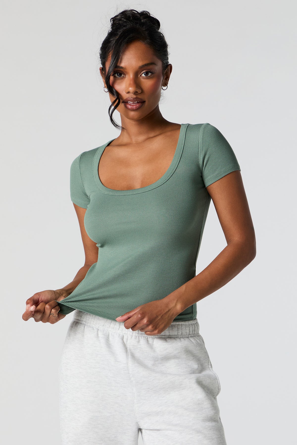 Solid Ribbed Scoop Neck T-Shirt